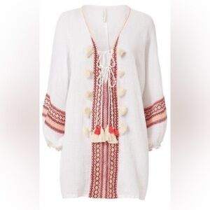 Cool Change Boho  Embroidered Gauze Swim Coverup SZ L White Orange